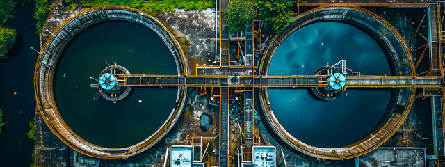  Aerial view of wastewater treatment plant with circular settling tanks and central pipework. - obrazy, fototapety, plakaty