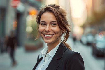 Fototapeta premium Portrait, street business and woman in the city for freelancer, commute and urban travel. Happy, confident and young female entrepreneur walking and smiling for exploration, leadership and corporate