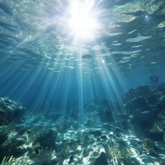 Underwater view of the coral reef with fish and sunbeams - obrazy, fototapety, plakaty