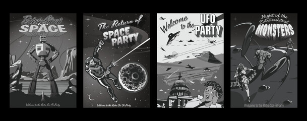 Retro Fantastic Horror Movie Posters Style Illustrations, Black and White Colors, Space Rockets, UFO, Astronauts, Extraterrestrial Monsters. Space Style Party, Event Invitations Template Set  © koyash07
