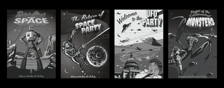 Retro Fantastic Horror Movie Posters Style Illustrations, Black and White Colors, Space Rockets, UFO, Astronauts, Extraterrestrial Monsters. Space Style Party, Event Invitations Template Set 