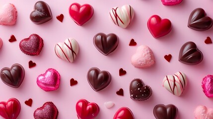 background for valentine with heart shaped chocolate candy on solid pink background