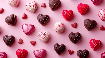 background for valentine with heart shaped chocolate candy on solid pink background