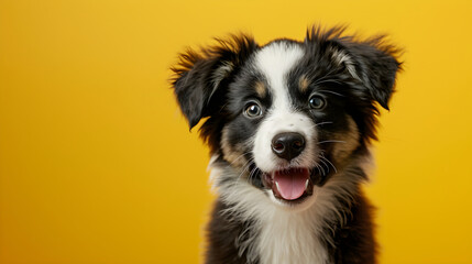 Border collie isolated on yellow background with copy space. Close up portrait of happy smiling sheepdog puppy face head looking at camera. Banner for pet shop. Pet care and animals concept for ads