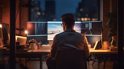 System administrator, hacker, computer scientist, gamer at his workplace in the office, apartment