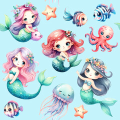 Cute mermaids, seamless pattern. Marine life, ocean. Children's elements set. Watercolor illustration