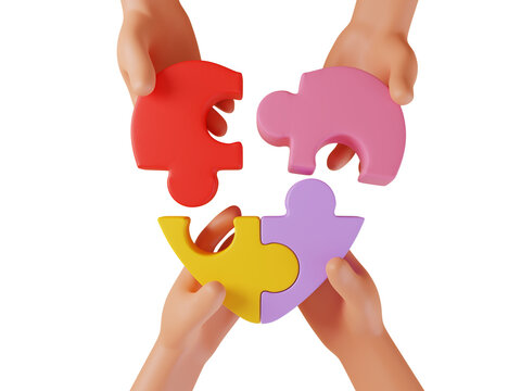 3D illustration of hands holding colorful puzzle pieces coming together symbolizing teamwork and unity
