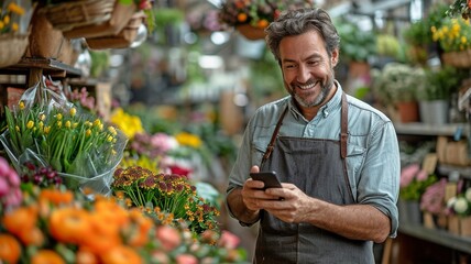 Happy businessman of Caucasian descent standing in an apron in a tiny floral centre, taking down order details and talking on his mobile.