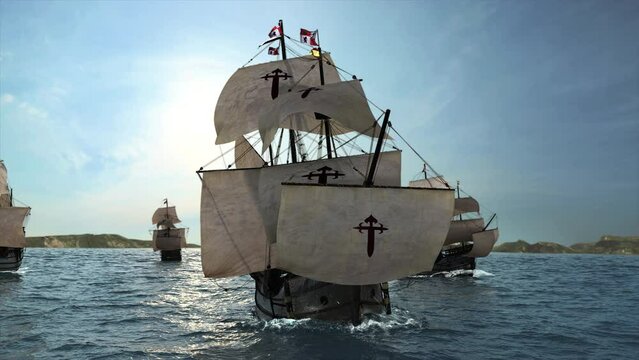 The NAO VICTORIA in front of Fernando Magellans Armada is the flagship of the spanish expedition to circumnavigate the Globe. 3D illustration animated	
