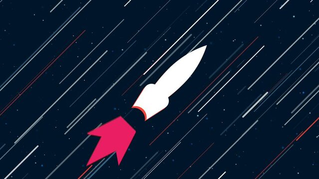 Falling rocket symbol flies through the universe on a jet propulsion. The symbol in the center is shaking due to high speed. Seamless looped 4k animation on dark blue background with stars