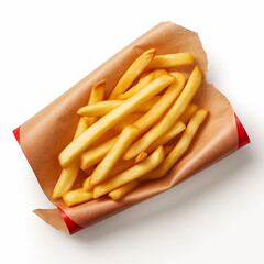French fries wrapped up in paper isolated on a white background are in the top view