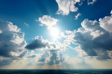 Scenic sky with fluffy clouds and sunny horizon. Generative AI