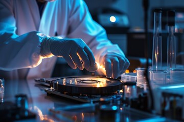 Engineer in protective gloves repairs hard disk in laboratory