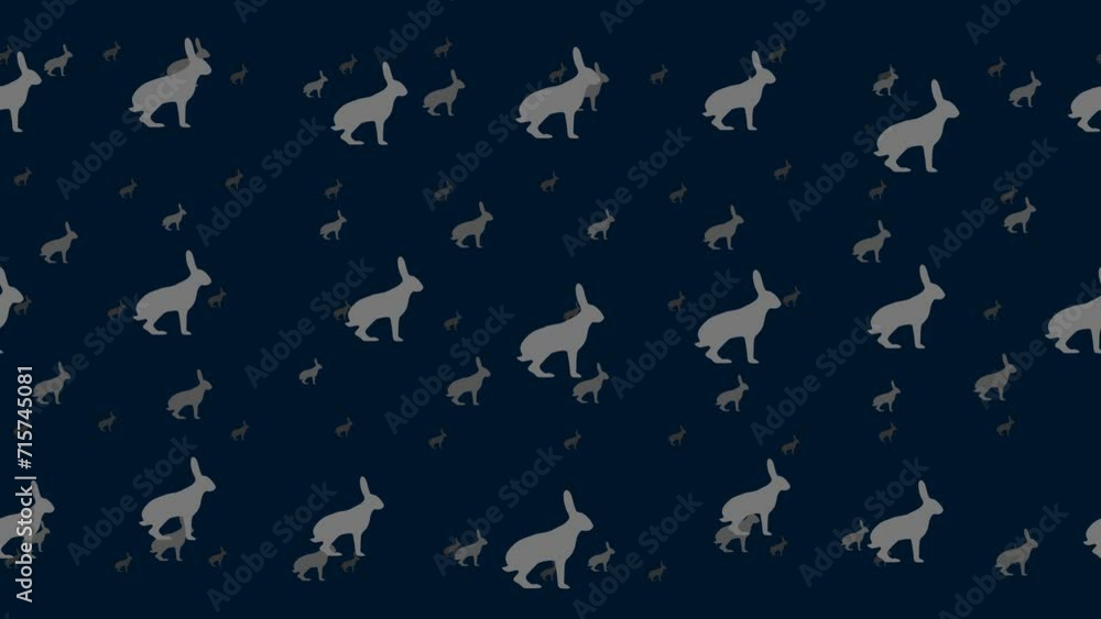 Poster hare symbols float horizontally from left to right. parallax fly effect. floating symbols are locate