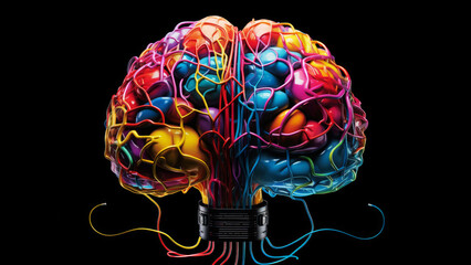 A vibrant multicolored brain shaped lightbulb with wires on black background. Information dopamine detox concept - obrazy, fototapety, plakaty
