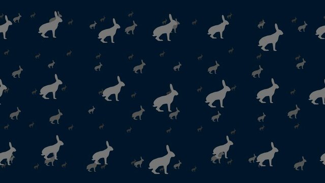 Hare symbols float horizontally from left to right. Parallax fly effect. Floating symbols are located randomly. Seamless looped 4k animation on dark blue background