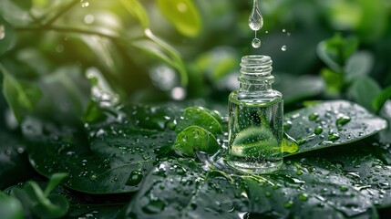 Essential oil dripping into the bottle from a fresh leaf representing skin care products with a big copy space, Generative AI.