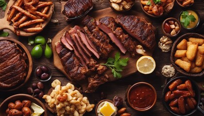 Obraz na płótnie Canvas Grilled meat assortment of tasty bbq snacks on wooden background