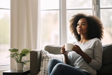 African American woman drinking coffee sitting on sofa at home - Powered by Adobe