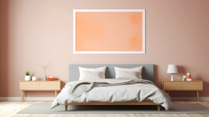 Minimalist interior of peach color bedroom against wall with mock up frame copy space for text in retro colours. Contemporary modern design
