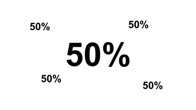 Zoom in and out animation the 50 percent symbol. Large black symbol in the center and four small symbols around. Seamless looped 4k animation on white background
