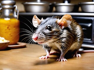 Rat on a table in kitchen. Generative AI.
