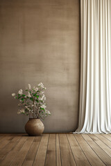 Empty home interior mock-up with old grunge brown wall, wooden floor and linen curtain