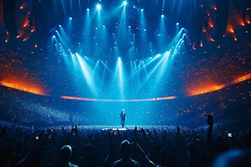 Singer performs a musical concert on stage in a huge packed stadium hall. Epic lights and...
