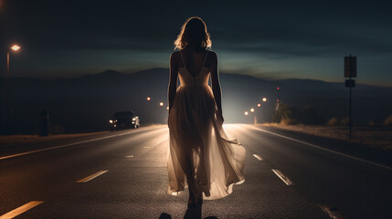 Woman white dress standing with back toward in the dark abondon road - obrazy, fototapety, plakaty