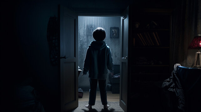 Horror scene of a child who's afraid of some dark force in the bed room