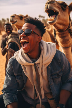 Happy African American tourist having fun enjoying group camel ride tour in the desert