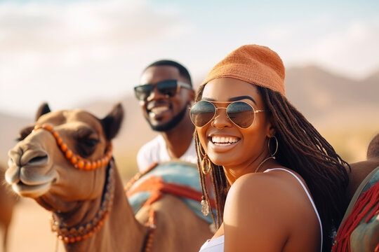 Happy female African American tourist having fun enjoying group camel ride tour in the desert