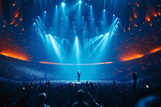 Singer performs a musical concert on stage in a huge packed stadium hall. Epic lights and flashlights