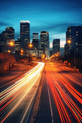 Fototapeta premium Land vehicle speeds through illuminated cityscape at dusk
