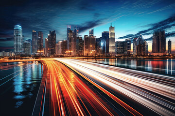 Fototapeta na wymiar Land vehicle speeds through illuminated cityscape at dusk