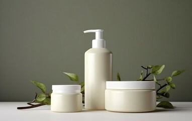 Obraz na płótnie Canvas Organic treatment concept. Mockup with off white cosmetic dispensers and cream jar with plants like branches, moss and leaves. AI Generative.