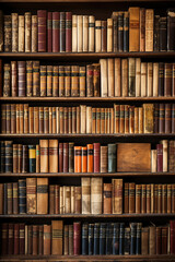Large collection of old books on wooden shelves