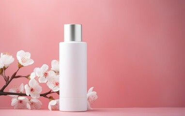 Obraz na płótnie Canvas Fresh feminine beauty concept. White cosmetic bottle mock up on soft pink background with flowers. AI Generative.