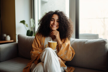 Latin woman drinking coffee sitting on sofa at home - Powered by Adobe