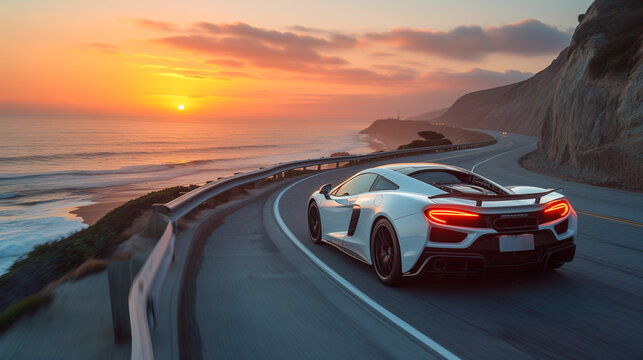 A Sleek Sports Car With A Powerful V6 Engine, Speeding Down A Coastal Highway At Sunset.