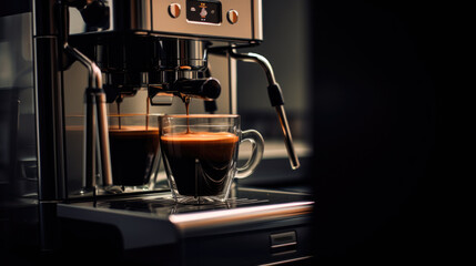 Espresso pouring into a glass, rich crema, coffee machine in action