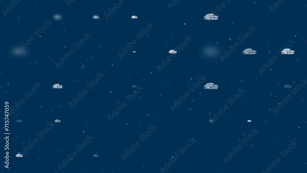 Poster template animation of evenly spaced vintage car symbols of different sizes and opacity. animation of