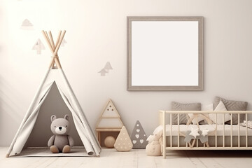 Mock up frame in cozy kids room interior background