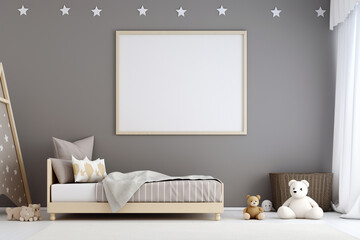 Mock up frame in cozy kids room interior background