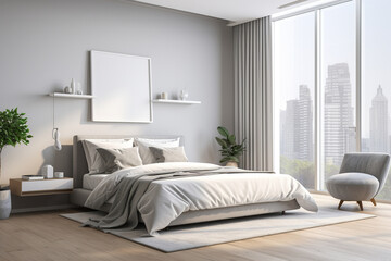 Modern apartment bedroom comfortable bed near window