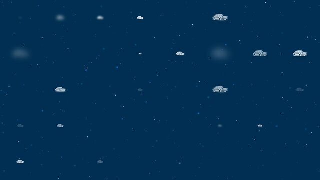 Template animation of evenly spaced vintage car symbols of different sizes and opacity. Animation of transparency and size. Seamless looped 4k animation on dark blue background with stars
