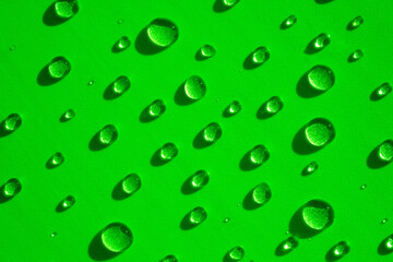 Water droplets pattern on green background. Natural serum with vitamins and acids in the form of drops. Beauty background, Banner spa concept