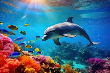 A dolphin in the ocean with fish.