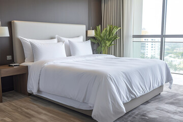 Fototapeta na wymiar Modern luxury hotel room with comfortable bedding