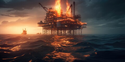 Oil rig fire. Petroleum production. Offshore oil and gas fire case or emergency case. Generative AI. Fire flame from oil pipeline leak and explosion on oil rig and natural gas station. - obrazy, fototapety, plakaty
